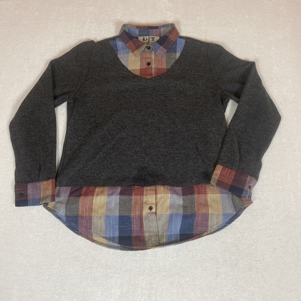 DJT Faux Layered Sweater Plaid Shirt Top Women XL Preppy Academia